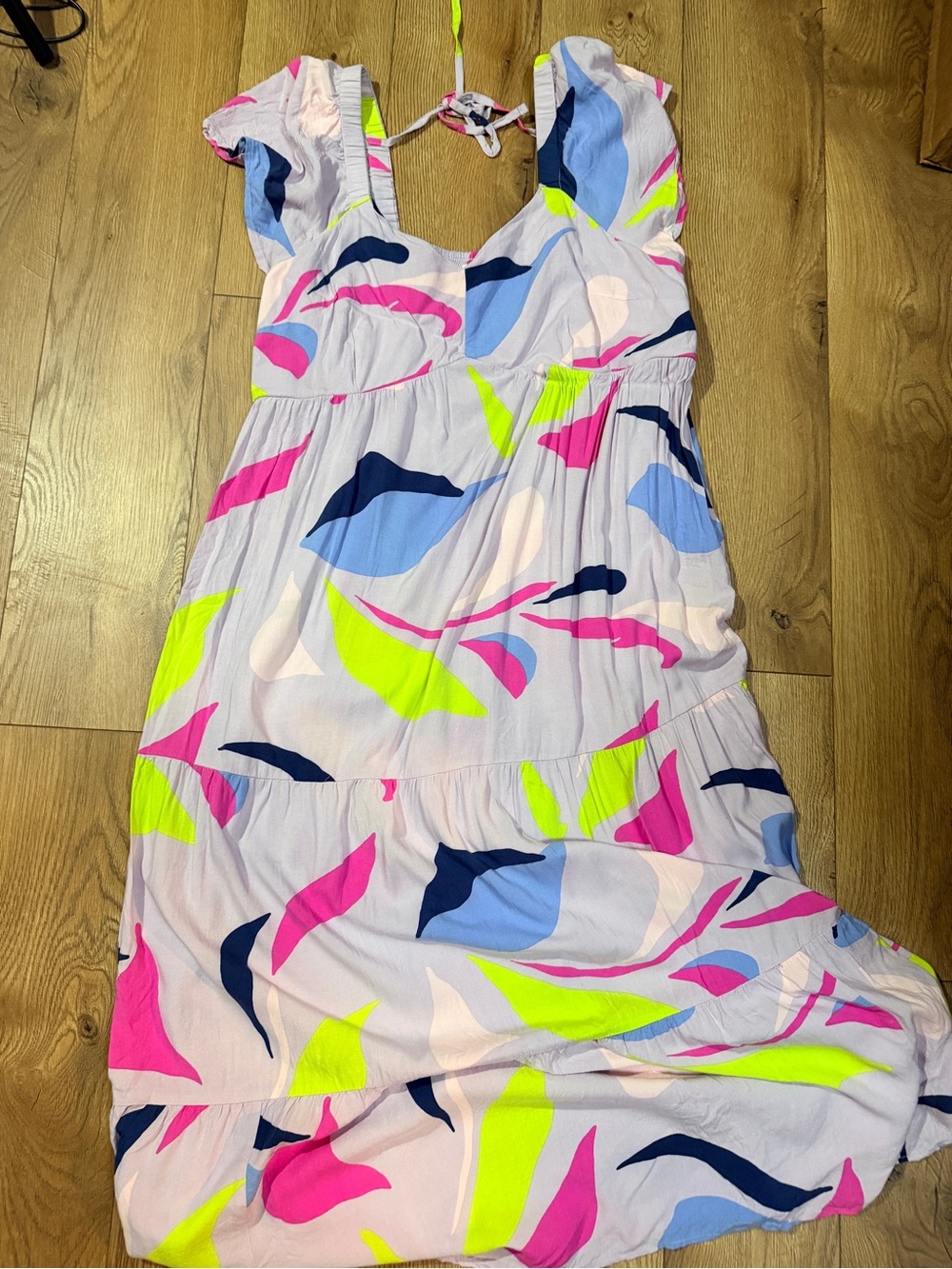 Isabella Rodriguez Neon Leaf-Print Maxi Dress in Pink, Blue & Lime